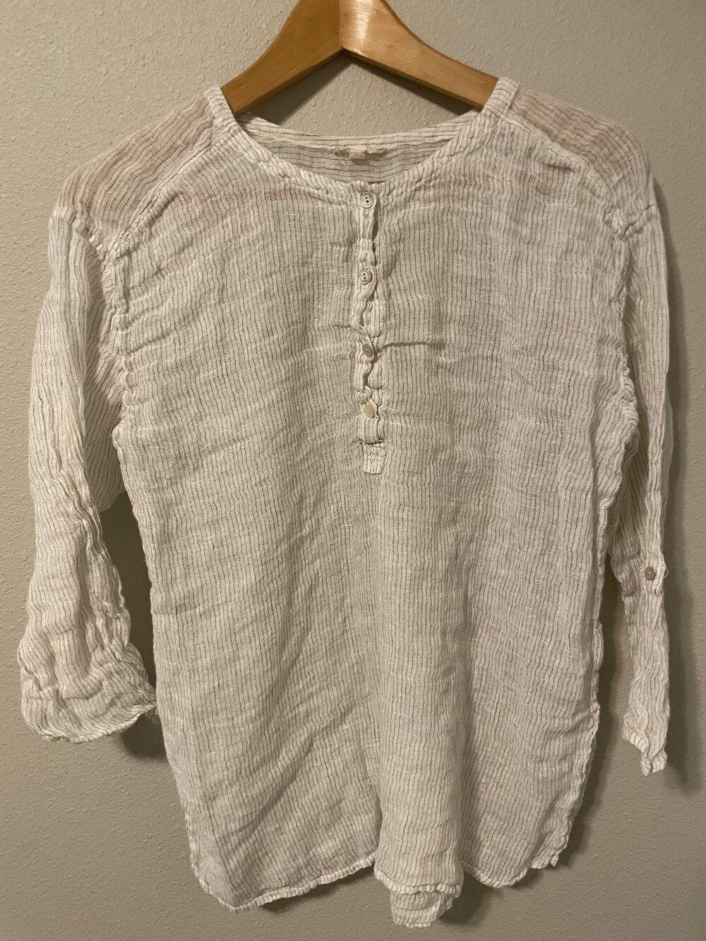 Eileen Fisher Top Womens Large Gray White Stripe Linen Henley Lagenlook Boho